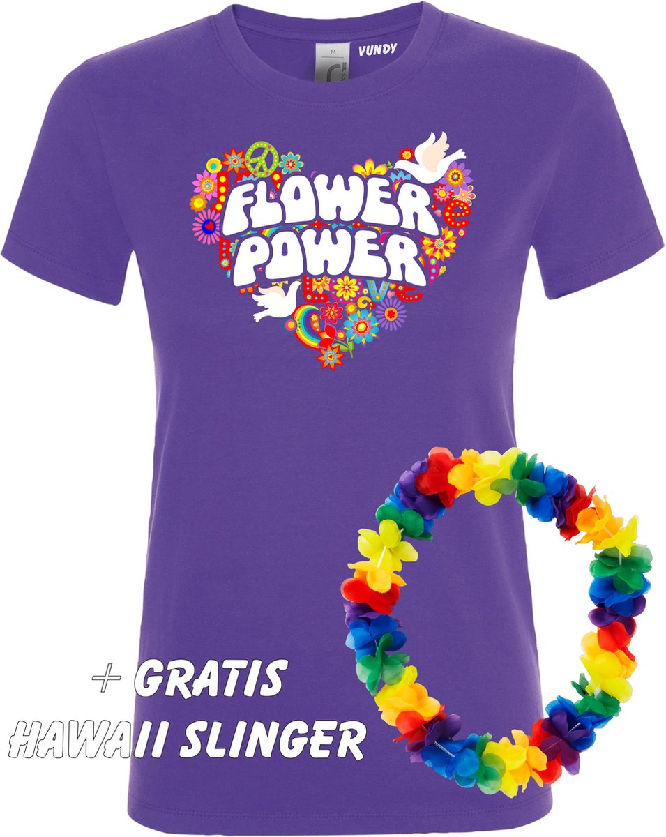 Dames t-shirt Flower Power Hart | Toppers in Concert 2022 | Toppers kleding shirt | Happy Together | Hippie Jaren 60 | Paars dames | maat L